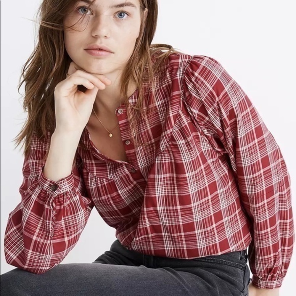 Madewell balloon sleeve peasant top in plaid